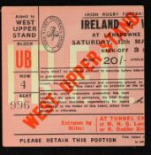 1966 Ireland v Wales rugby match ticket played 12th March at Lansdowne Road, Block UB, row 4, seat