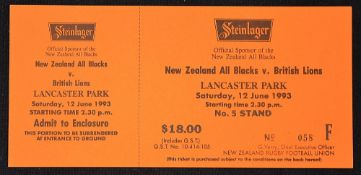 1993 British Lions v New Zealand rugby  match ticket played 12th June at Lancaster Park, No58 F,