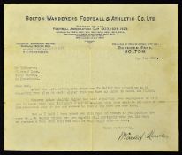 Pre-war 1939 Bolton Wanderers official letter dated 9 May 1939 and sent to a player, signed at the