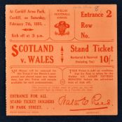 1931 Wales (Champions) vs Scotland rugby match ticket Played at Cardiff Arms Park on Saturday