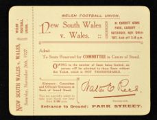 1927 Wales v New South Wales Waratahs rugby match ticket gilt edged ticket c/w perforated stub -
