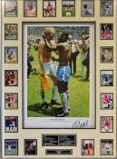 Pele signed colour photo print depicting Bobby Moore and Pele, with other prints surrounding the