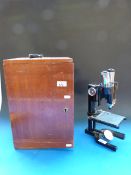 A boxed binocular microscope by W Watson