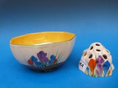 A Clarice Cliff flower frog and octagona