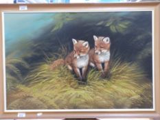 Nance oil on board of two fox cubs, sign