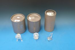 Three Swarovski crystal animals; a goril