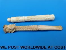 A Chinese carved ivory cheroot holder an