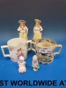 A pair of bisque figures, two pin doll f