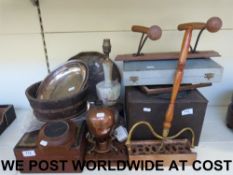 A box of metal ware to include bronze pl