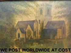 An oil on board of Brockworth Church, Gl