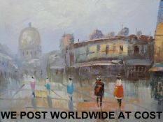 Four framed oil on canvas street scenes