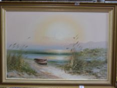 A large oil on canvas of a boat on a bea