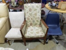 Two upholstered chairs and a swivel chai