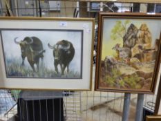 A watercolour of buffalo together with a
