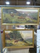 Two large framed prints of deer in a woo