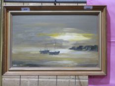 An oil on board of boats at anchor