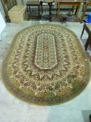 A red and gold oval shaped rug