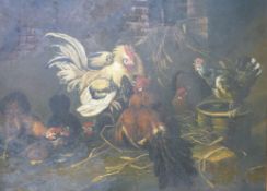 Oil on canvas of cockerels and other bir