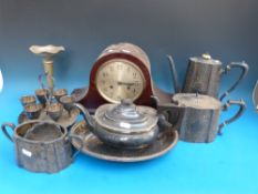 Two train mantel clock, egg cruet, plate