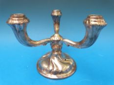 A white metal three branch candelabra, h