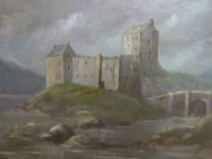 An oil on canvas of a castle on an islan