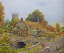 R M Parker: Oil on board of a thatched c