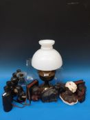 A brass and glass oil lamp together with