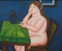 Oil on board of a seated nude, in the ma