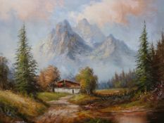 Oil on canvas of an Alpine landscape ind