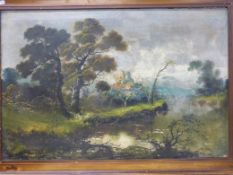 An oil on canvas of a castle on a hill b