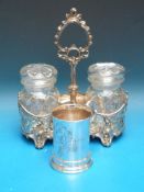 A plated pickle stand with two cut glass