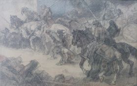 A charcoal and pastel of soldiers or kni