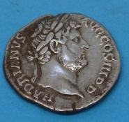 A Hadrian Roman silver coin 17mm maximum