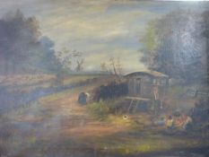 An oil on canvas of gypsies sitting arou