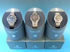 Three Citizen Eco-Drive WR100 chronograp