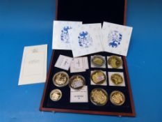 Nine commemorative coins in deluxe woode
