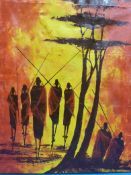 An oil on canvas of tribal people at sun