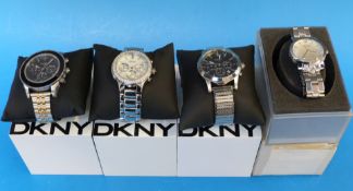 Four DKNY wristwatches, three with chron