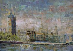 J R Mann oil on canvas riverside citysca