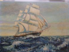 Oil on canvas of a sailing ship,  indist