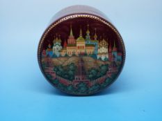 A Russian lacquer circular box, the lid