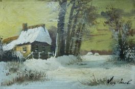 An oil on canvas of a snow scene with co