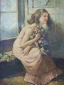 Oil on board of a girl seated on a windo