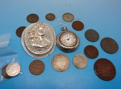 A fob watch, silver filigree cameo and c