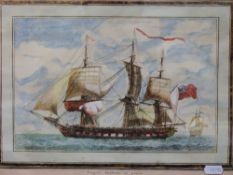 Coloured engraving of a battleship entit