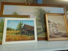 Four framed landscapes in oils, one sign