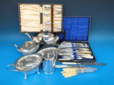 A plated tea set, cased cutlery, mother-