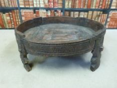 A carved and metal bound Eastern pedestal low table or large receptacle, 75cm diameter