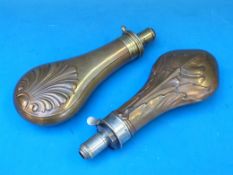 Two James Dixon & Sons Sheffield copper powder flasks with embossed decoration