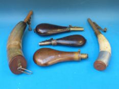 Five powder flasks, two horn and two leather and one copper, by G & J W Hawksley